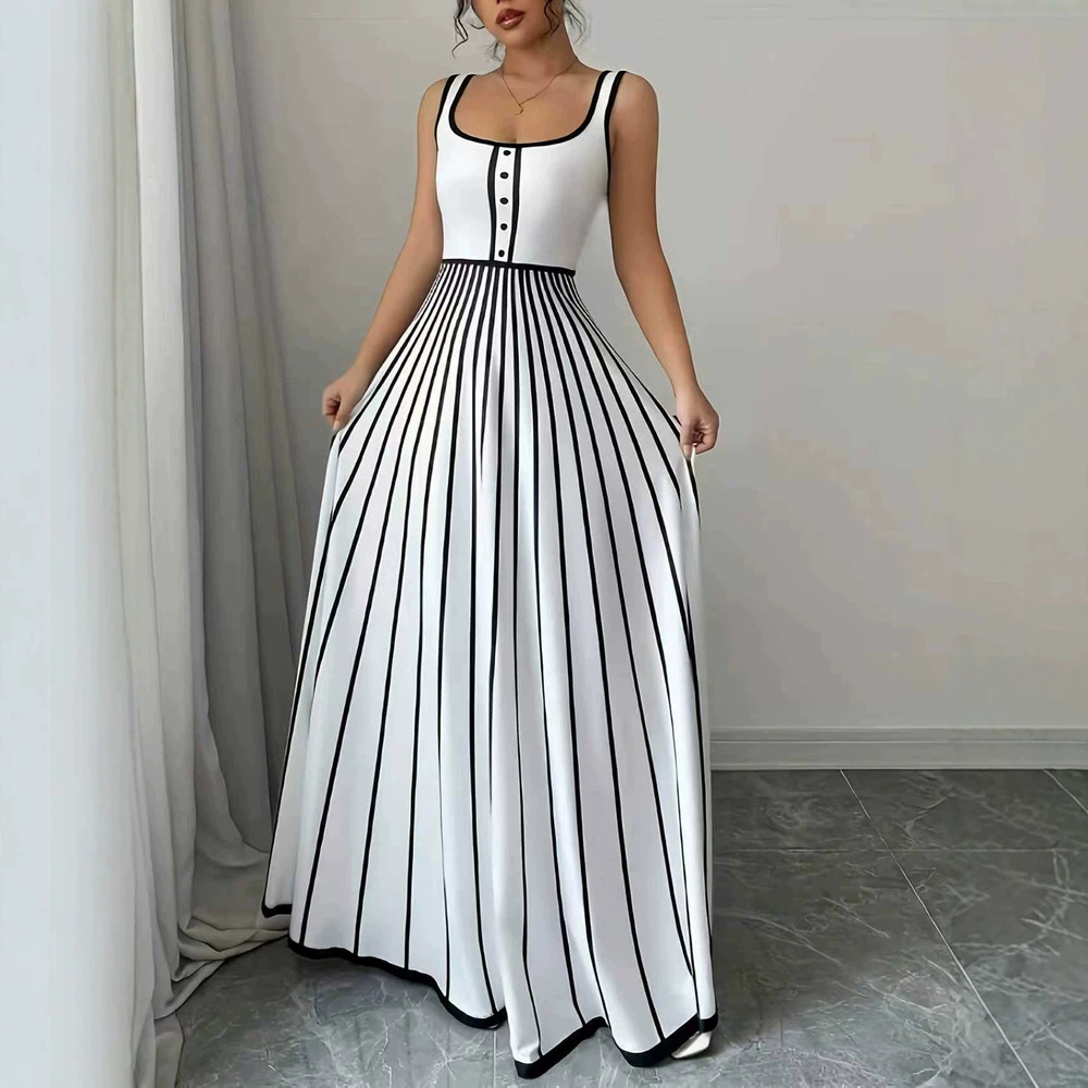 ZARA Stripe Square Neck Strappy Cinched Waist Long Flowy Chic Vacation Dress